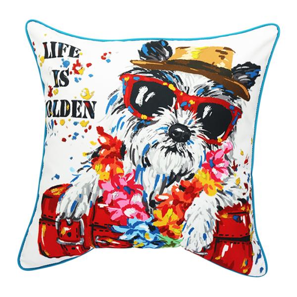 Redfox filled cushion with a cheerful dog on the beach, 44cm x 44cm, made of cotton and 500g polyester filling.