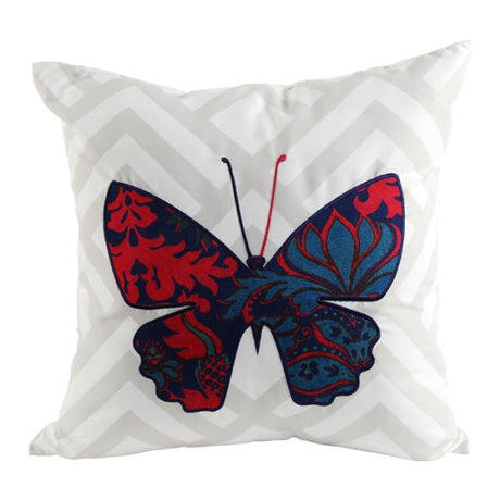 Vibrant butterfly mosaic cushion, 44cm x 44cm, made of cotton and plush polyester for comfort and decor enhancement.