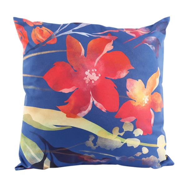 Vibrant cushion featuring colorful calla lilies on a blue background, perfect for adding elegance and comfort to any room.