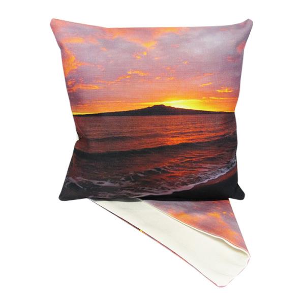 Kiwiana NZ Rangitoto Dawn cushion cover, featuring vibrant dawn imagery, durable fabric, and easy-access zip.