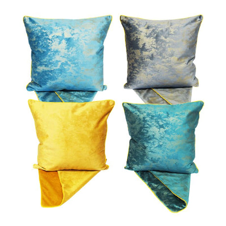 Set of 4 assorted satin cushion covers in misty colors, 44cm square with piped edges for a stylish look.