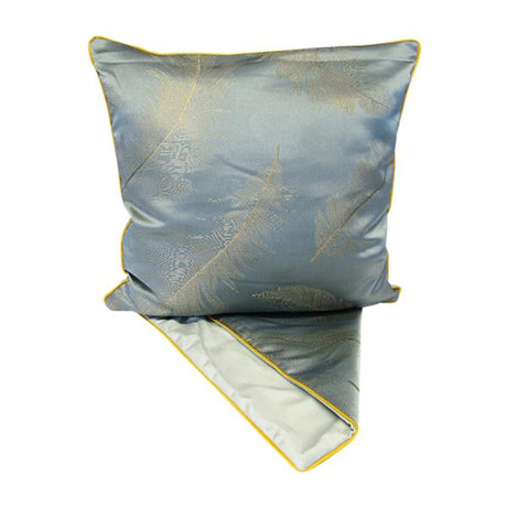 Cushion cover featuring whimsical feather design on blue, made of thick fabric with an easy-access zip for washing.