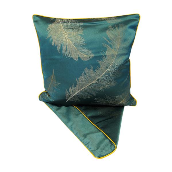 Cushion cover with teal background and feather prints, made from thick fabric, 44cm x 44cm, featuring an easy-access zip.