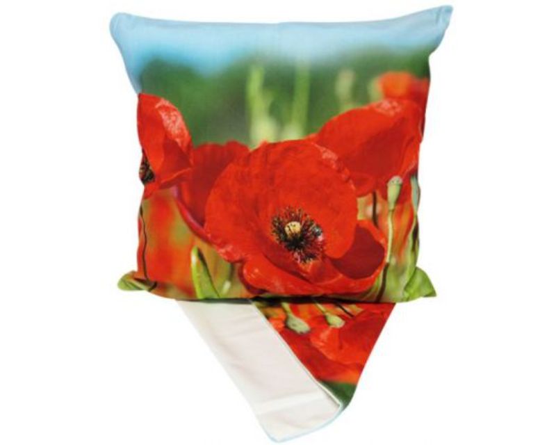 Vibrant 44cm cushion cover featuring poppies in a sunlit field, perfect for enhancing modern or traditional home decor.