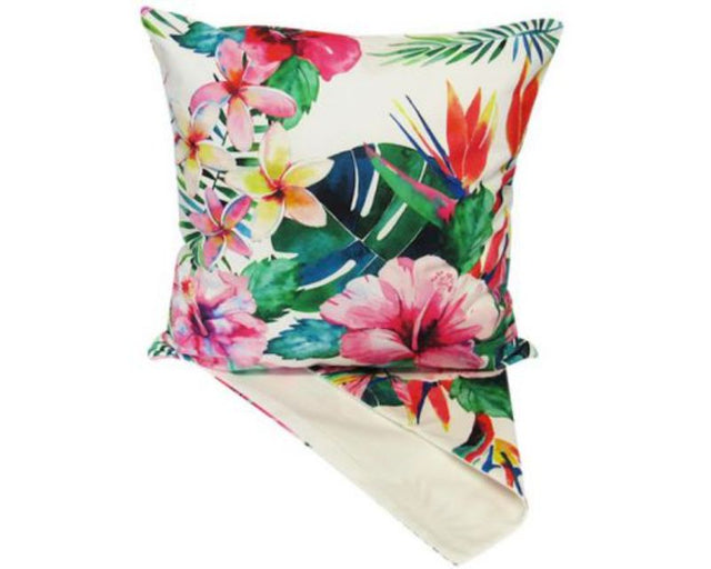 Vibrant 'Tropical Flowers' cushion cover, 44cm x 44cm, adds lively elegance and comfort to any room décor.