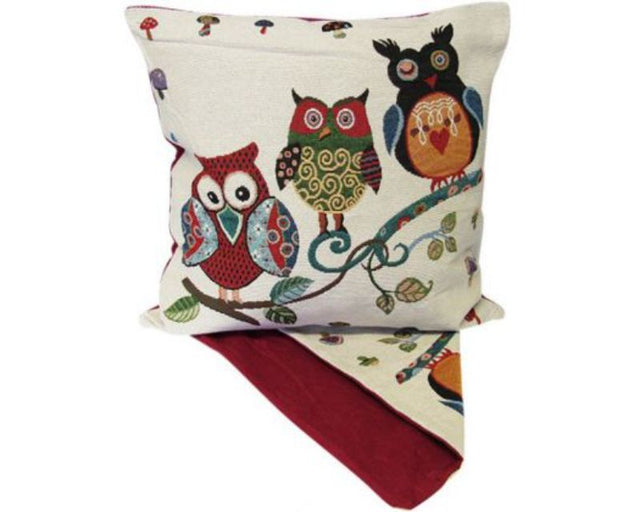 Whimsical 'Three Owls' cushion cover featuring vibrant owl designs, perfect for adding charm to any home decor.