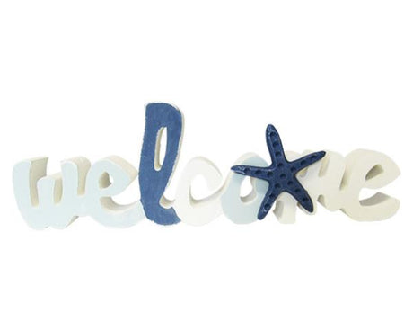 Charming Beach Welcome Sign in bleached paint finish, perfect for coastal decor; measures 24x7.5x2.5 cm.