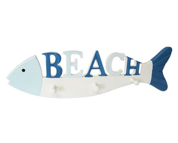 Large MDF beach fish hooks with a bleached finish, ideal for organizing coats and bags, measuring 50 x 14 x 5 cm.