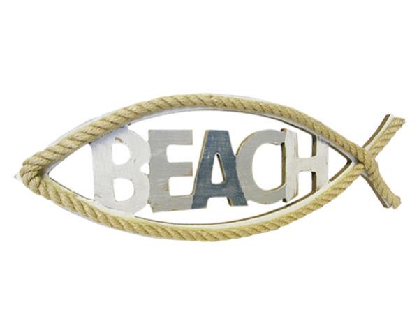 Rustic beach fish sign with rope trim, perfect for coastal decor and easy to hang, measuring 37.5 x 13.5 x 2 cm.