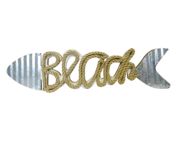 Large rustic beach fish sign made of corrugated iron, 58 cm long, perfect for adding coastal charm to your decor.