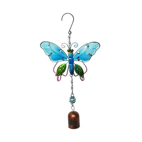 Colorful metal and stained glass butterfly bell, 23 x 16 cm, adds charm and soothing chimes to any garden space.