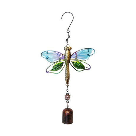 Colorful glass dragonfly bell hanger (23 x 16 cm) adds whimsy and tranquility to gardens with soothing chimes.