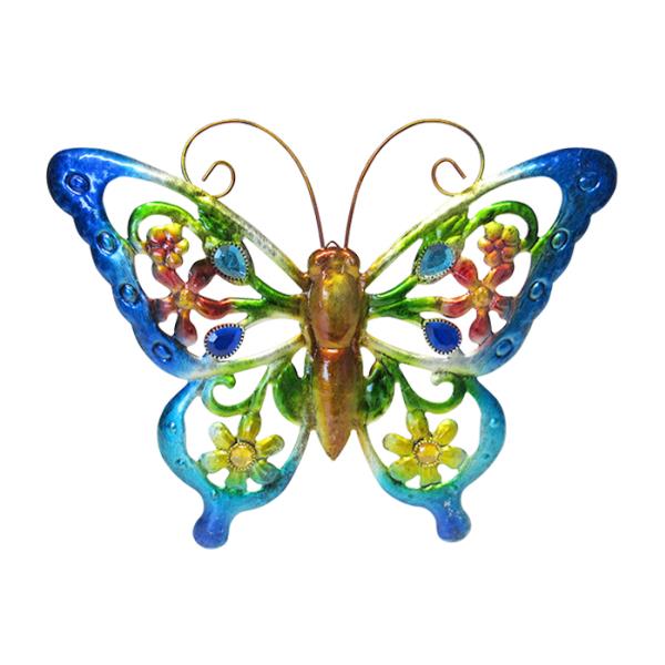 Large blue butterfly wall art crafted from aluminum, perfect for indoor/outdoor decor, measuring 36 x 29 cm.