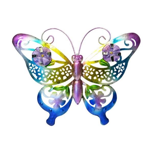 Vibrant aluminum wall art featuring a rainbow butterfly, ideal for indoor and outdoor decor, measuring 36 x 29 cm.