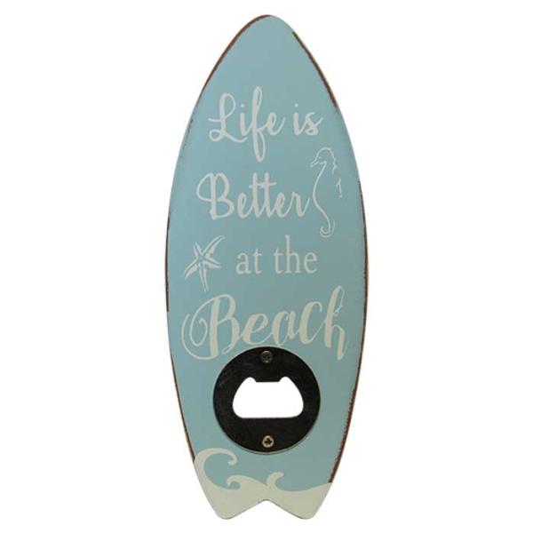 Surfboard-shaped bottle opener, 20 x 8 cm, perfect for beach lovers and practical for opening drinks with style.