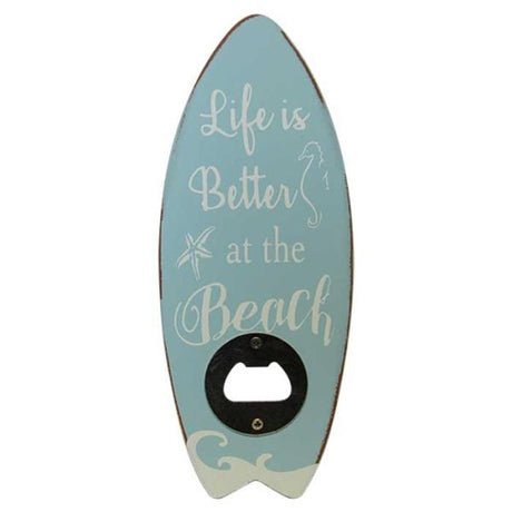 Surfboard-shaped bottle opener, 20 x 8 cm, perfect for beach lovers and practical for opening drinks with style.