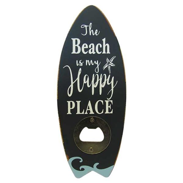 Surfboard-shaped bottle opener with vibrant design, perfect for beach-themed decor and practical use at gatherings.