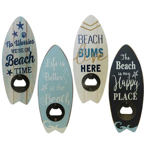 Colorful surfboard-shaped bottle openers set of 4, perfect for beach enthusiasts and summer gatherings.