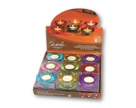 Colorful glass tealight candle holders set of six, perfect for creating a warm ambiance in any space.