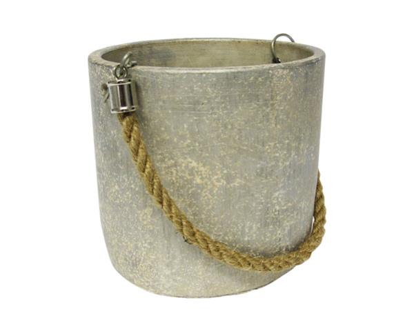 Rustic stone pot with rope handle, 13 cm diameter, perfect for house plants; features rubber feet and no drainage hole.
