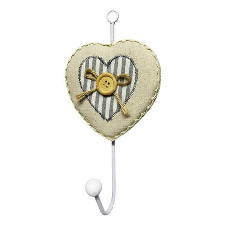 Charming CountryChic blue coat hook with button and bow on padded heart, perfect for stylish home organization.