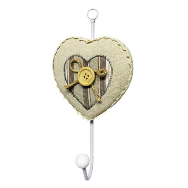 Country Chic coat hook in white metal, featuring a button and bow on a padded heart, perfect for stylish home organization.