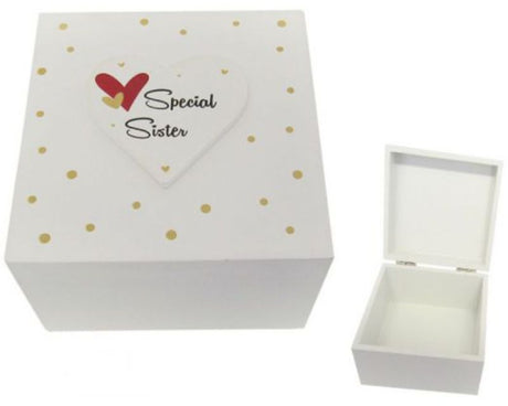 Large wooden gift box for sister with heart motif lid, perfect for storing cherished jewelry and keepsakes.