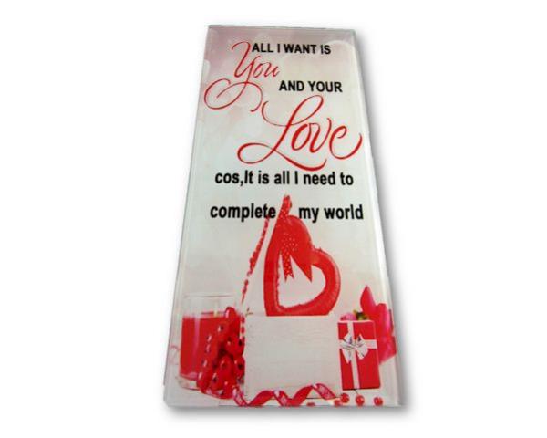 Elegant glass message tile featuring a heartfelt love message, perfect for home decor and gifting, 18cm x 8cm with stand.