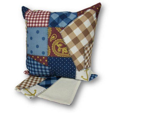 Patchwork blue cushion cover made from thick fabric, featuring a zip for easy washing and stylish home decor enhancement.