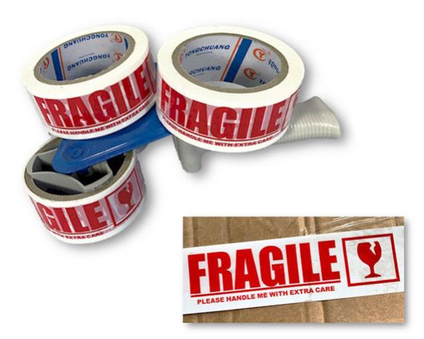 Pack of 10 Fragile Tape rolls, each 45mm wide and 7m long, clearly marking parcels as delicate for safe shipping.