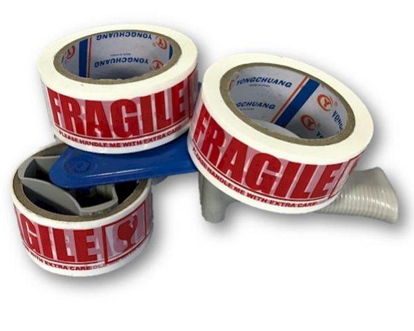 Clear 'FRAGILE' printed tape roll, 45 mm wide and 7 metres long, perfect for safely packaging delicate items.