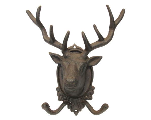 Large metal stag coat hook with double hooks, perfect for rustic decor and organizing jackets in a cozy entryway.