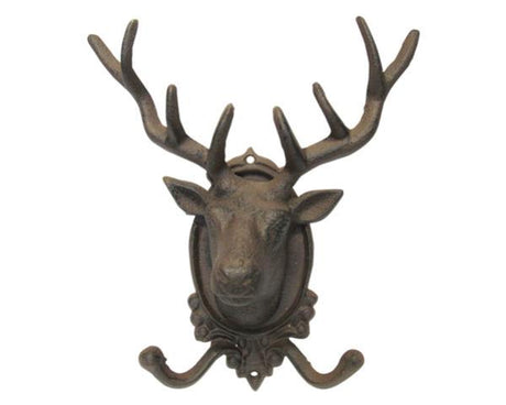 Large metal stag coat hook with double hooks, perfect for rustic decor and organizing jackets in a cozy entryway.