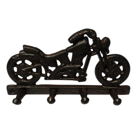 Stylish cast iron motorbike coat hooks, perfect for hanging gear in homes or man caves. 20 x 10.5 cm, weighs 0.55 kg.