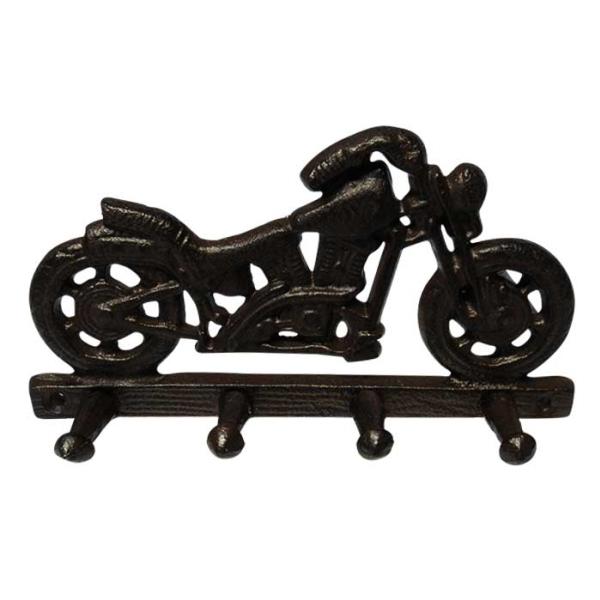 Stylish cast iron motorbike coat hooks, perfect for hanging gear in homes or man caves. 20 x 10.5 cm, weighs 0.55 kg.