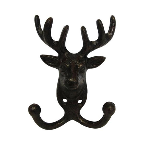 Cast iron stag hook in rustic design, perfect for organizing coats and bags with nature-inspired charm.