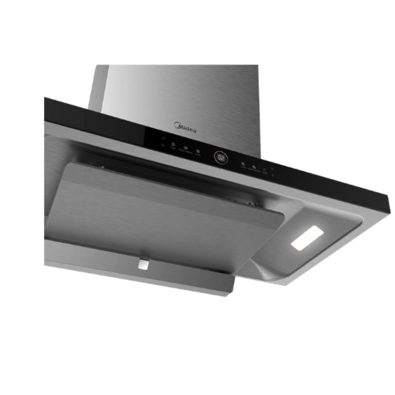 Midea E88 T-Shape Rangehood with steam cleaning, high suction, LED lights, and touch control for a stylish kitchen.