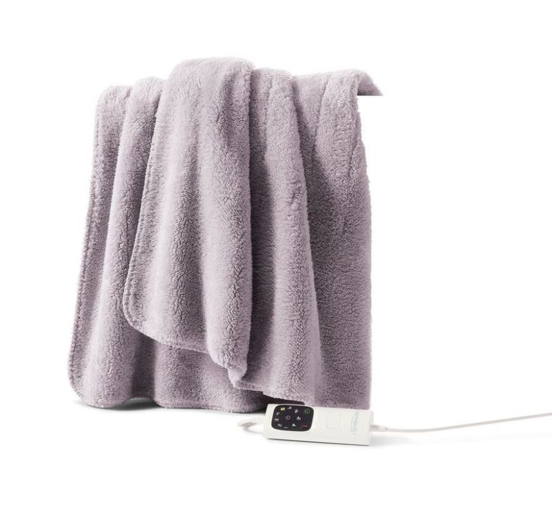 Sunbeam Heated Throw Blanket in Warm Grey, featuring ultra-soft sherpa fleece and 6 heat settings for optimal warmth and comfort.