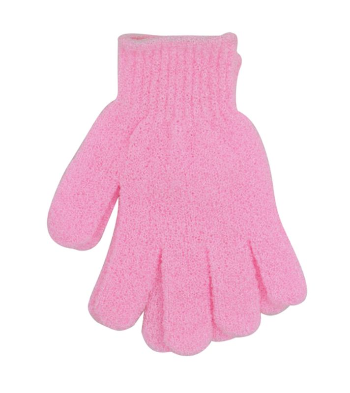 Vibrant pink exfoliating bath glove for smooth, radiant skin; gently removes dead skin and boosts circulation.