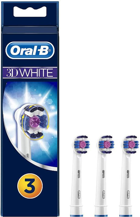 Oral-B 3D WHITENING replacement toothbrush heads (3pk) for superior cleaning, polishing cup, interdental tips, and indicator bristles.