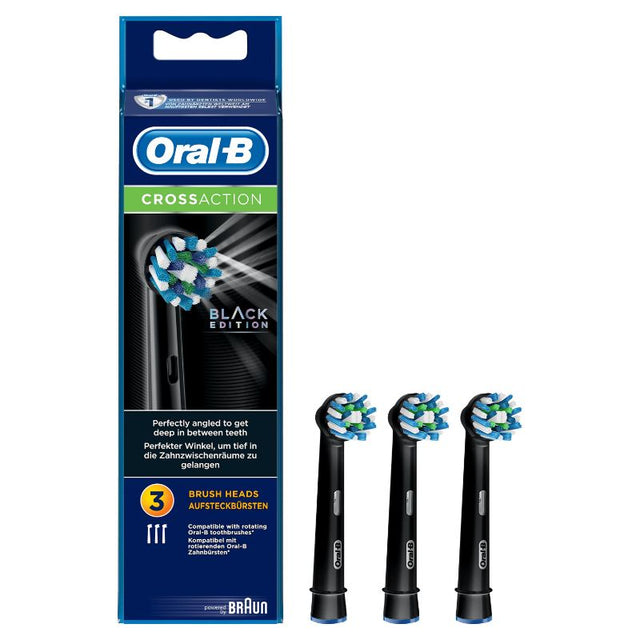 Replacement Oral-B toothbrush heads with angled bristles for deep cleaning and plaque removal, three-pack in black.