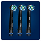 Replacement Oral-B CROSS ACTION toothbrush heads in black, featuring angled bristles for deep cleaning and plaque removal.