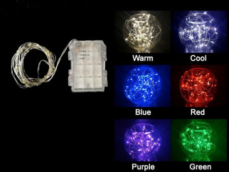 Warm silver string lights (5m) create a cozy atmosphere for any event, powered by 3 AA batteries for versatile indoor/outdoor use.