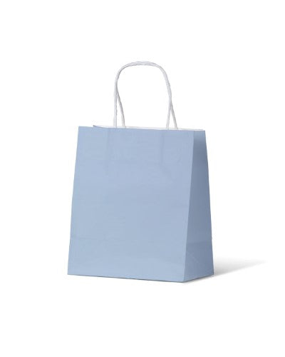 French Blue eco-friendly paper bags in small size, perfect for gifts and retail, featuring perforated handles and 200 units per carton.