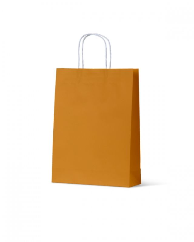 Eco-friendly mustard paper bags, 350mm x 260mm x 100mm, 200 units for retail and gifting, made from 100% recyclable materials.