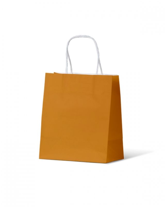 Mustard small paper bags from the Earth Collection, eco-friendly, sturdy, and perfect for gifts and merchandise.