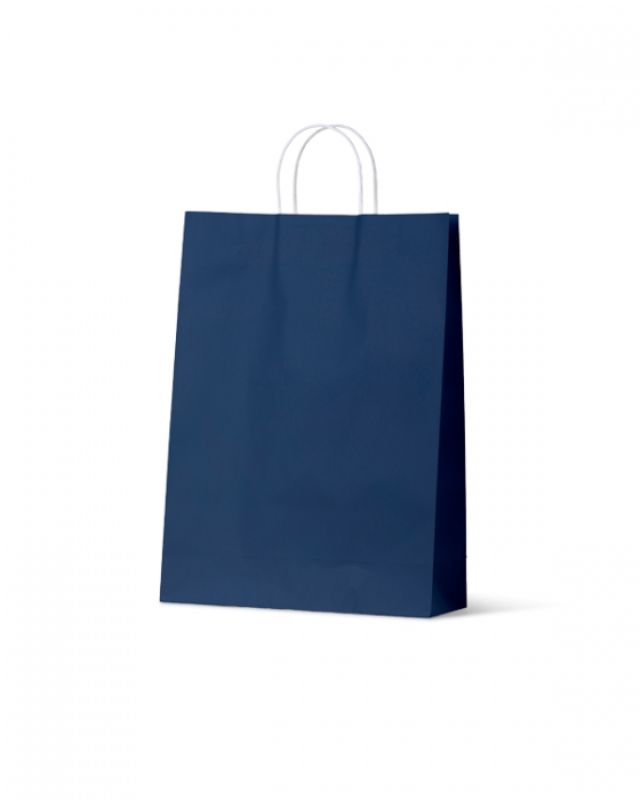 Navy large paper bags from the Earth Collection, eco-friendly, durable, perfect for shopping or craft fairs, 100 units.