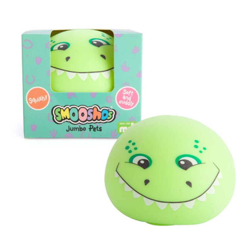 Smoosho's Jumbo Dino Ball (10cm) featuring a colorful dino design, perfect for squishy, stress-relieving play.