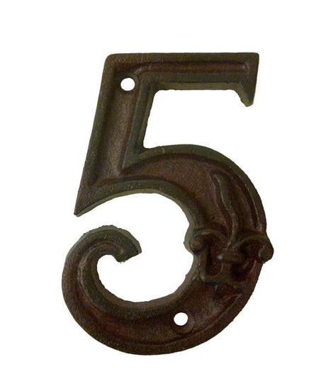 Elegant cast iron house number '5', measuring 11x8 cm, perfect for enhancing mailboxes or entryways.