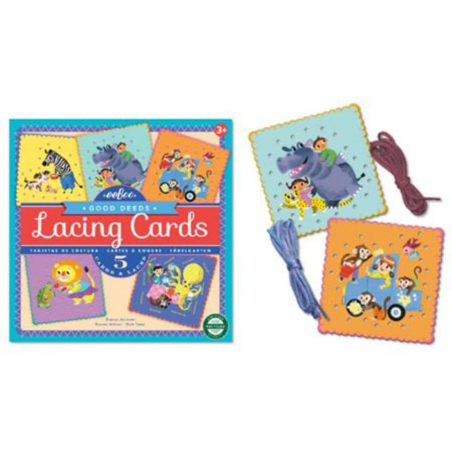 Colorful lacing cards showcasing animal scenes, promoting kindness and fine motor skills with soft, vibrant laces for toddlers.